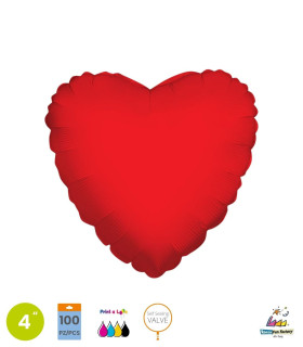 Mylar Red Heart 4" with valve for printing pack. 100pcs