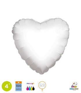 Mylar White Heart 4" with valve for printing pack. 100pcs