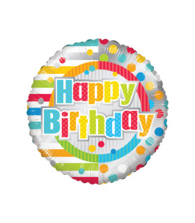 Mylar Happy Birthday Polka Dots and Lines Round 18" 1pc