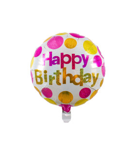 Mylar Happy Birthday Olo Polka Dots Fuchsia Gold Round 18" 1pc