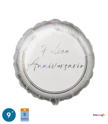 Mylar Happy Anniversary Silver Round MiniShape 9" cf. 5pcs