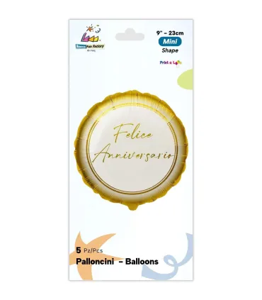 Mylar Happy Anniversary Gold Round MiniShape 9" cf. 5pcs
