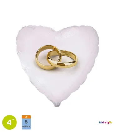 Mylar White Heart Wedding Rings MiniShape 4" cf. 5pcs