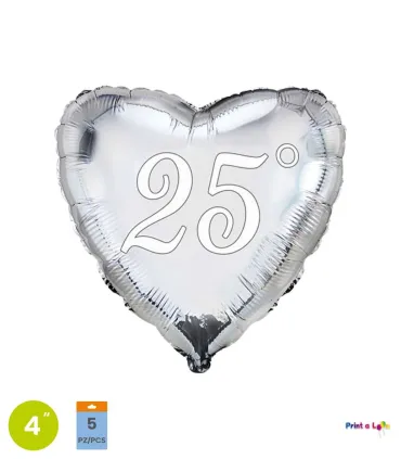 Mylar 25° Silver Heart MiniShape 4" cf. 5pcs