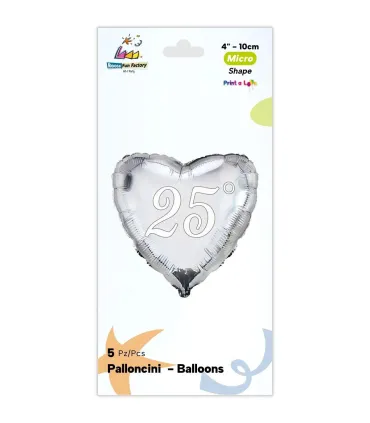 Mylar 25° Silver Heart MiniShape 4" cf. 5pcs