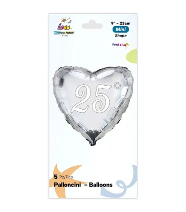 Mylar 25° Silver Heart MiniShape 9" cf. 5pcs