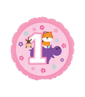 Mylar 1 Birthday Pink with Animals Round 17" 1pc