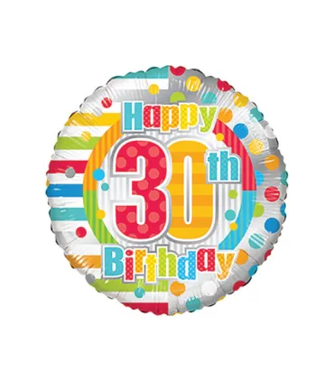 Mylar Happy 30th Birthday Polka Dots and Lines Round 18" 1pc
