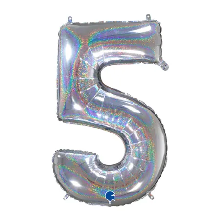 Mylar Number 5 HoloGlitter Silver Mega 40" - 101cm 1pc
